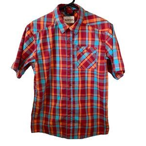 Simms Mens Red Orange Plaid Short Sleeve Button Shirt M